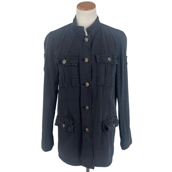 Urban Outfitters Washed Black Patched & Pockets Button Front Military Jacket - Picture 2 of 13